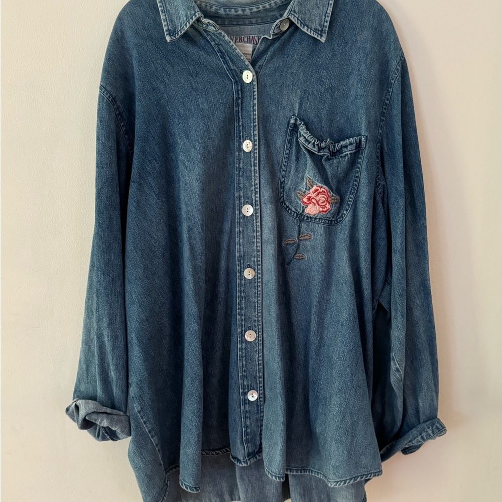 Vintage Denim Button-Up Shirt with Rose Embroidery